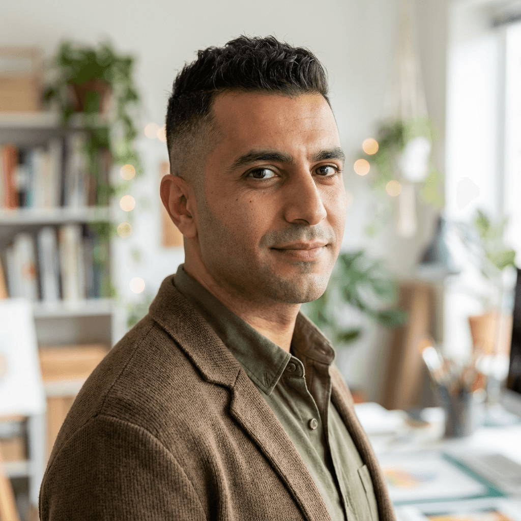 Male customer in his mid 40s, South Asian, calm approachable style suitable for wellness center
