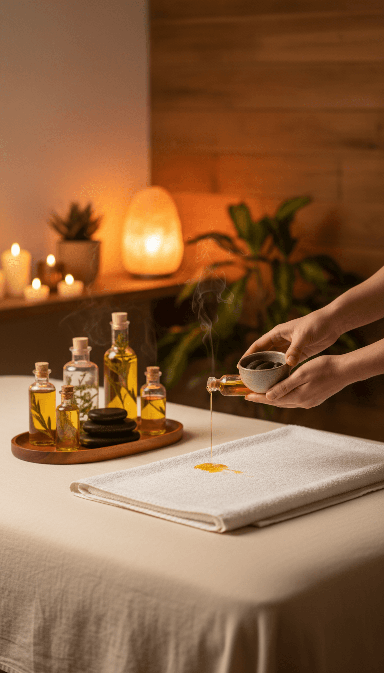 Preparación de la camilla con aceites naturales en un ambiente tranquilo
