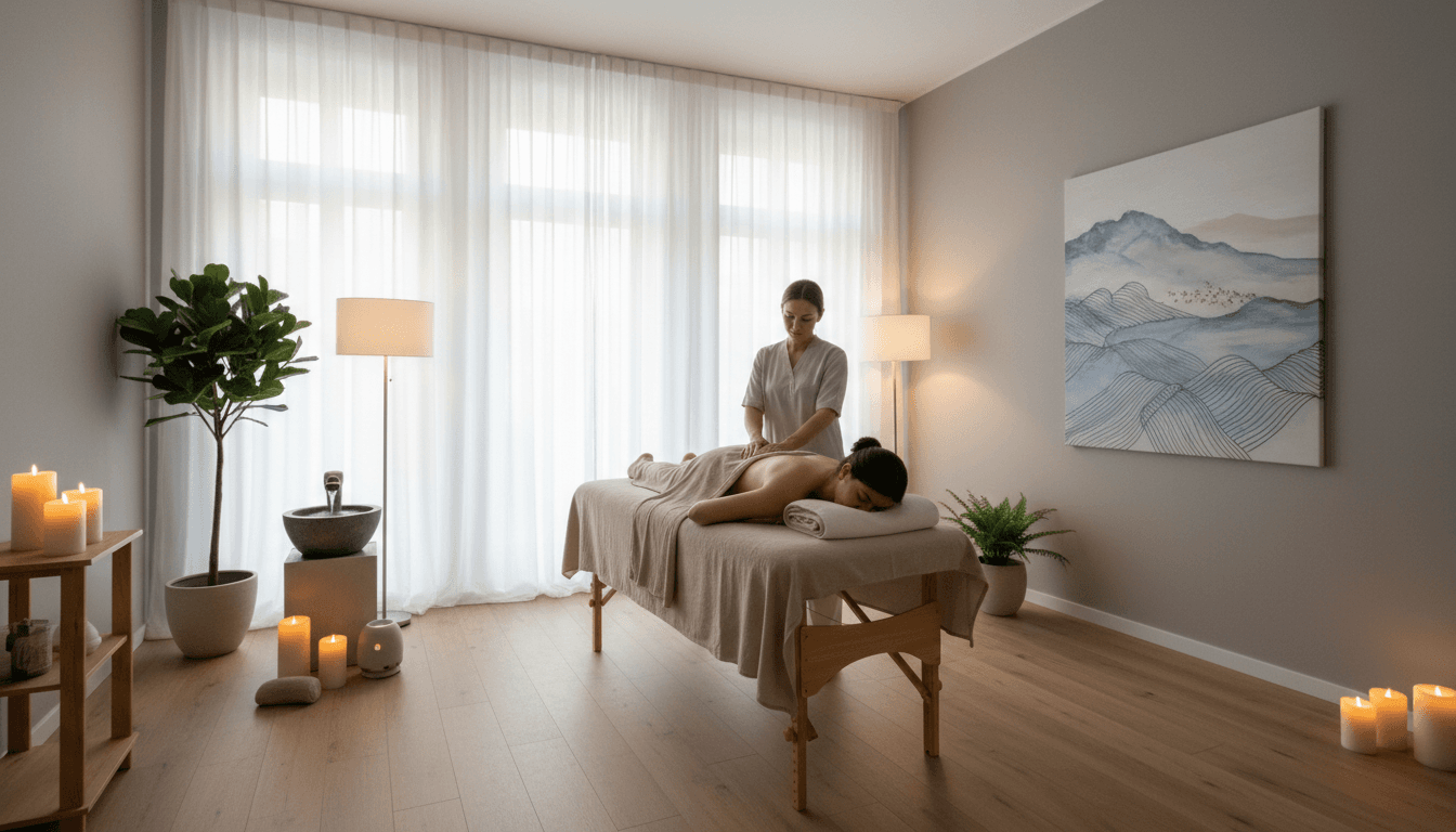 Sala de masaje tranquila con camilla y aceites naturales