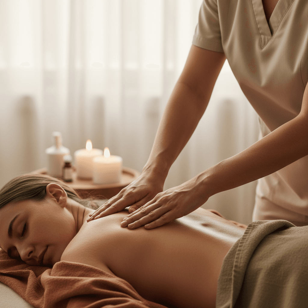 Manos de terapeuta dando masaje de espalda a cliente tumbado en camilla en spa