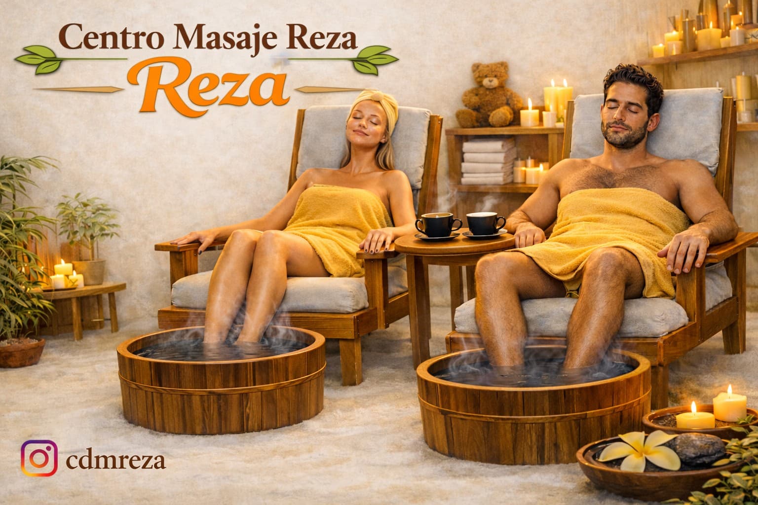 Pareja relajándose en un spa con baños de pies humeantes, toallas amarillas y velas encendidas.