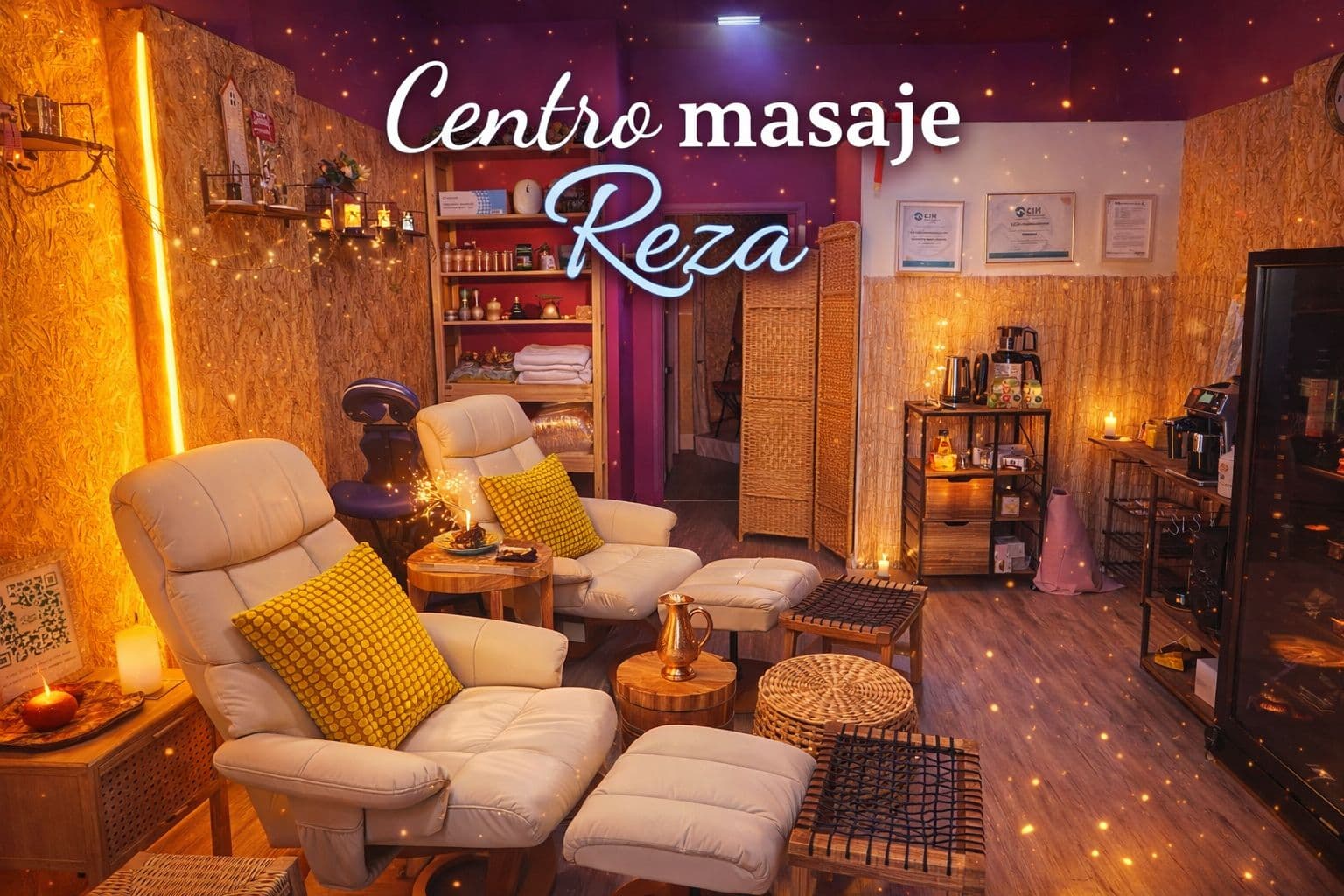 Interior acogedor de Centro Masaje Reza con sillones blancos, luces cálidas y ambiente relajante.