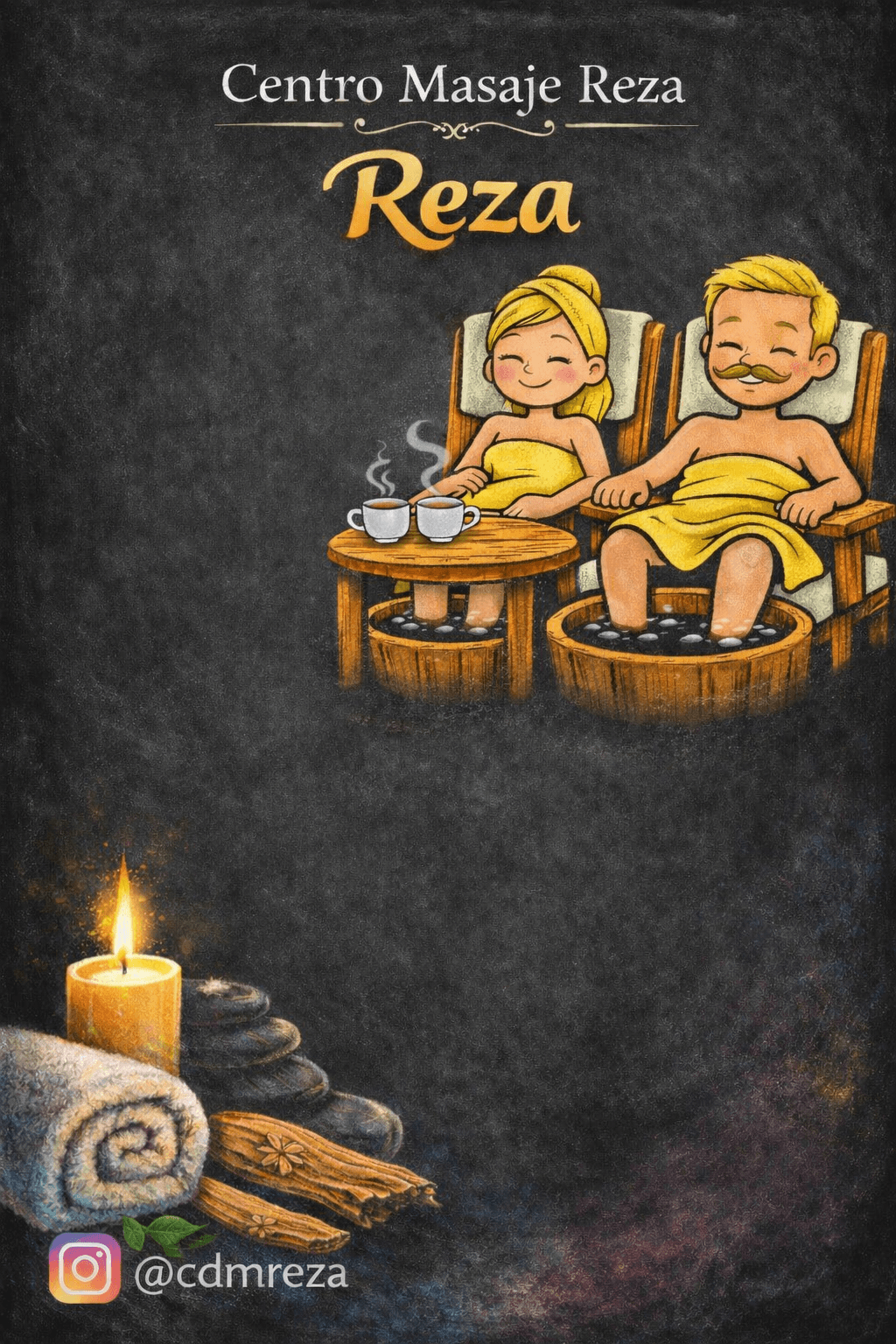 Pareja relajada en un spa con baños de pies, té, velas y piedras de masaje.