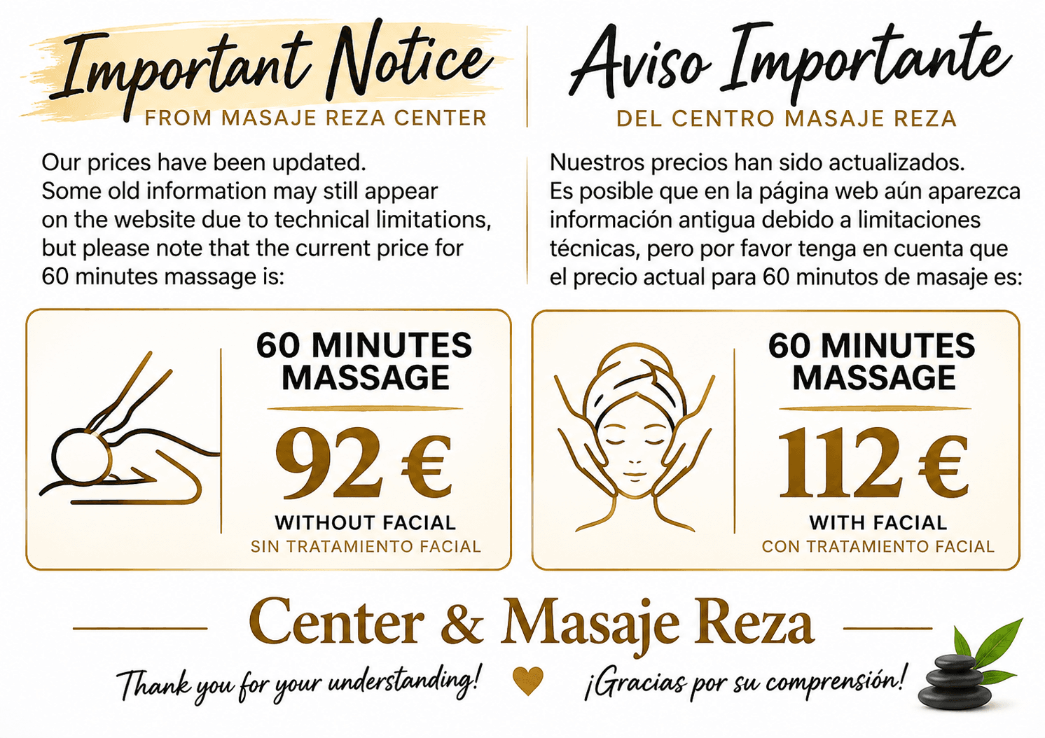 Aviso de Masaje Reza: 60 minutos por 92€ o 112€ con tratamiento facial.