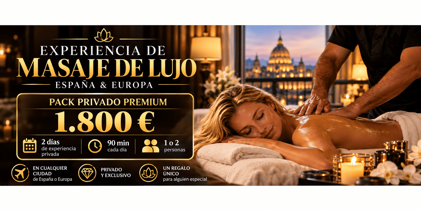 Mujer recibiendo masaje relajante en spa de lujo con vistas a Roma durante el atardecer.