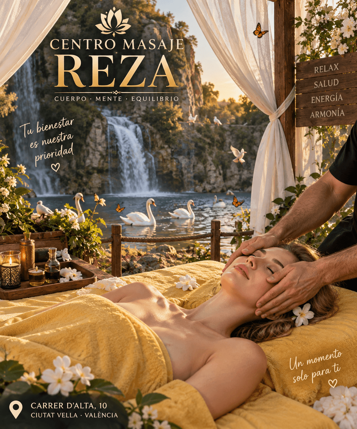 Mujer recibiendo un masaje facial relajante en un entorno natural idílico con cascada y cisnes.