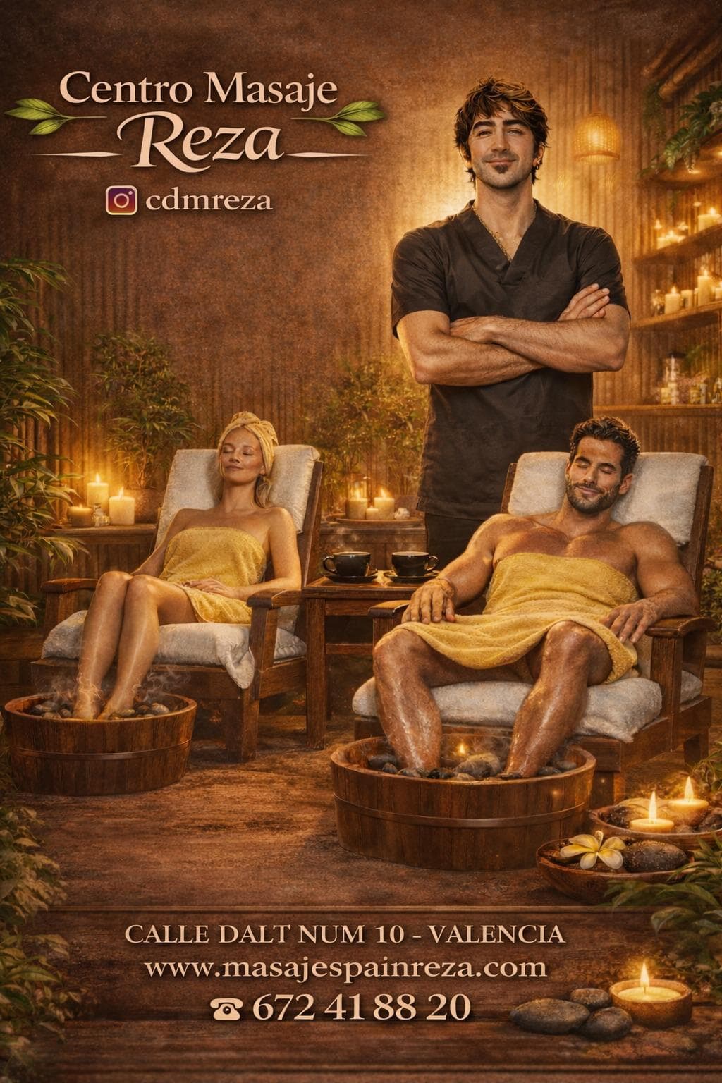 Pareja relajándose en un spa cálido mientras un masajista profesional posa detrás de ellos.
