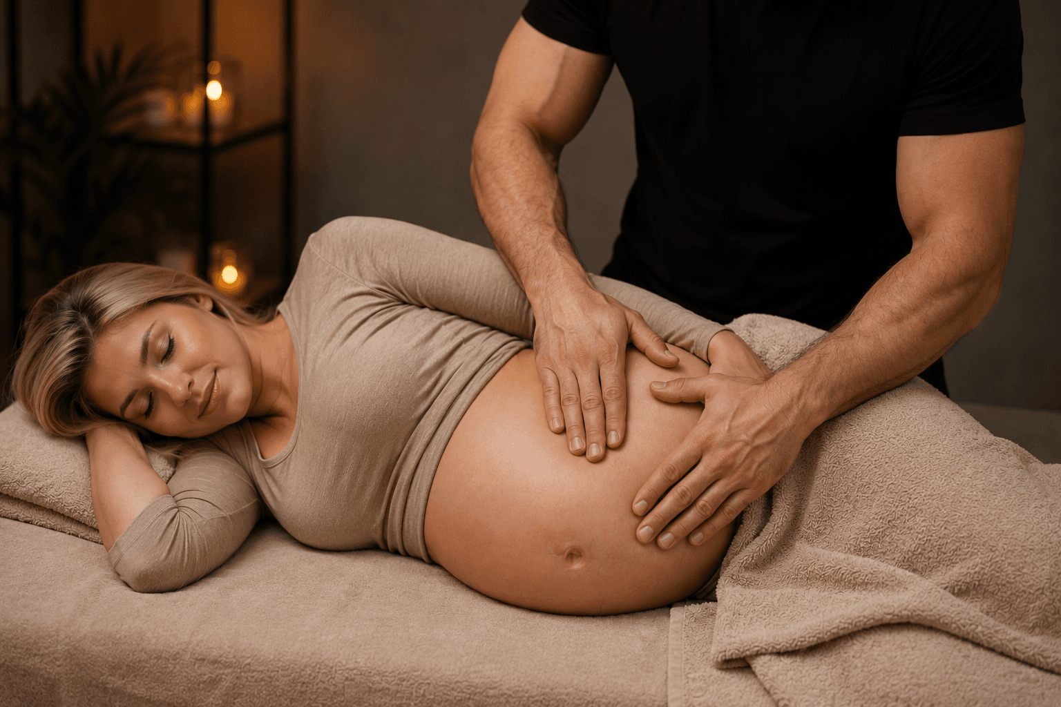 Mujer embarazada relajada recibe un suave masaje prenatal en su vientre por un terapeuta.
