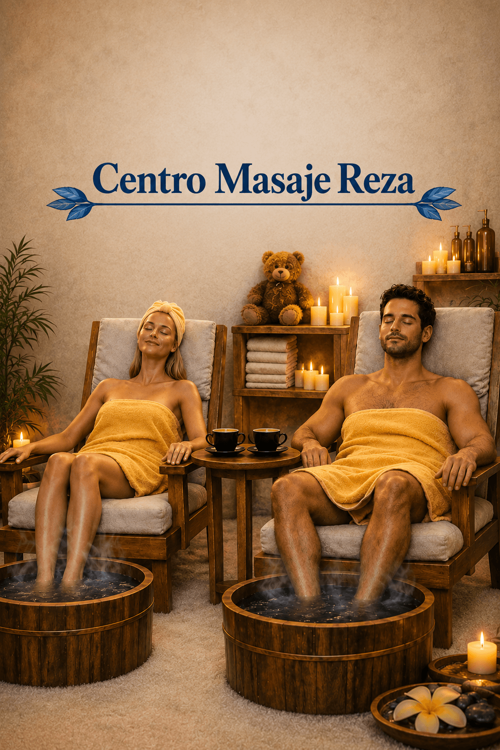 Pareja relajándose en un spa con baños de pies, toallas amarillas y velas encendidas.