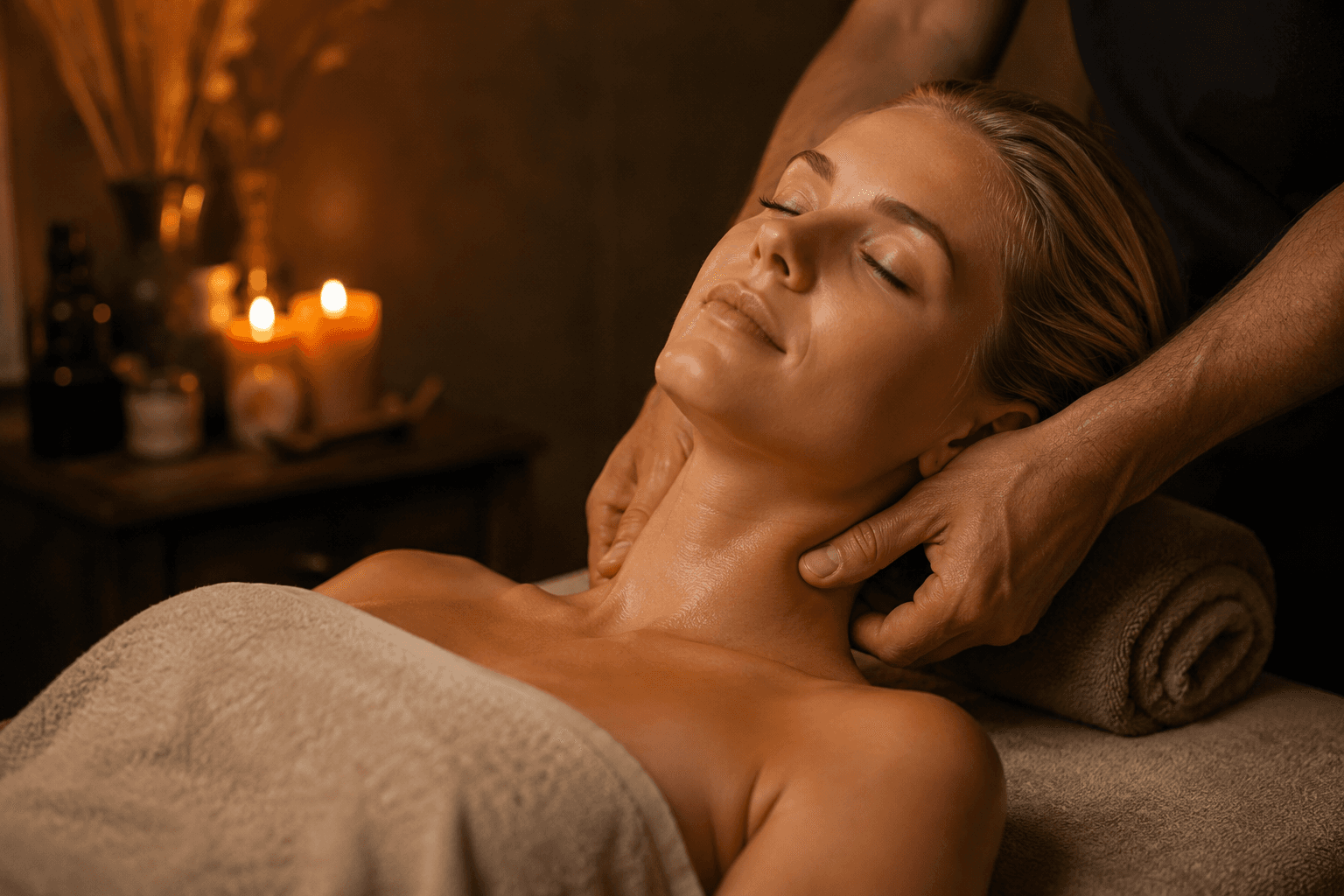 Mujer relajada recibiendo un masaje de cuello en un spa iluminado por velas tenues.