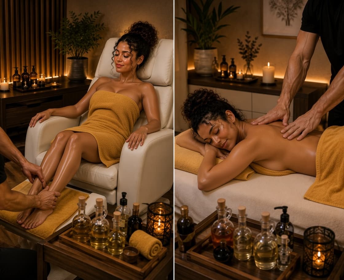 Mujer disfrutando de masajes de pies y espalda en un spa cálido y relajante.